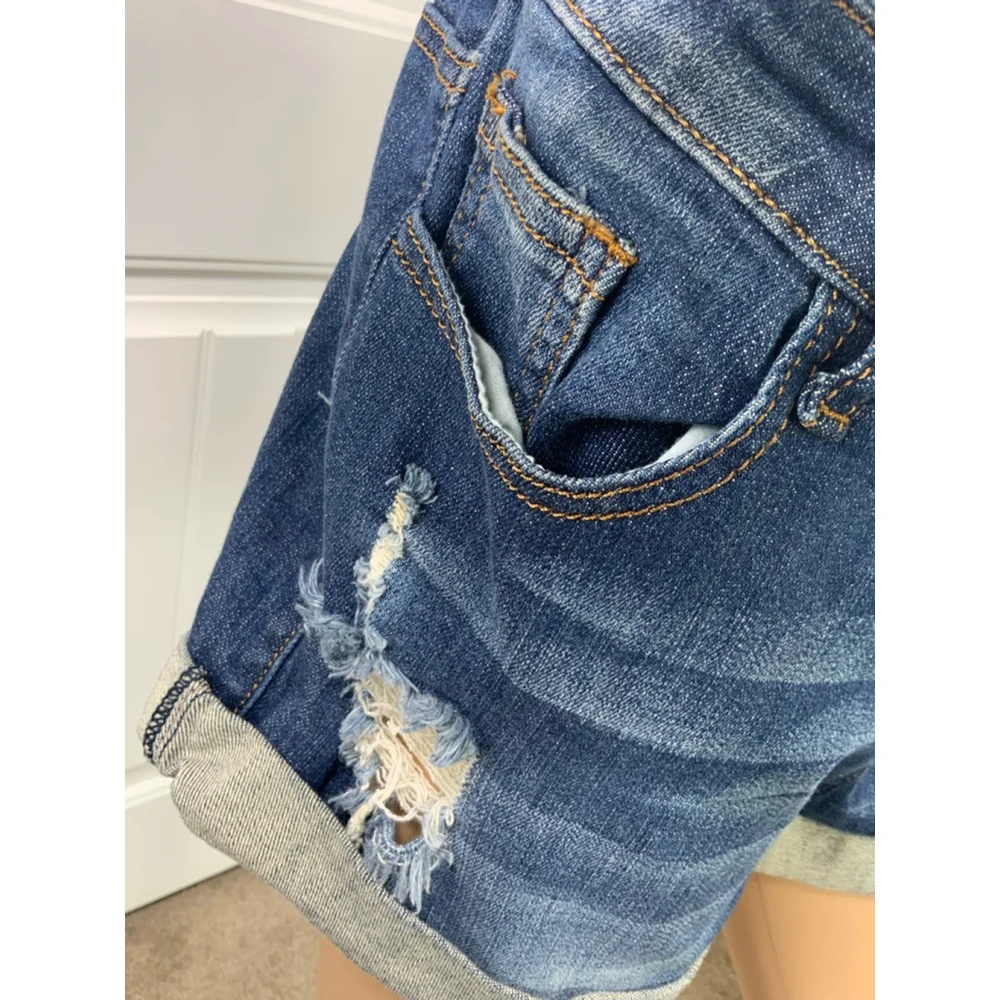 Machine Dark Wash Denim Overalls Shorts‎ Blue Distressed Lg Cabincore Fisherman